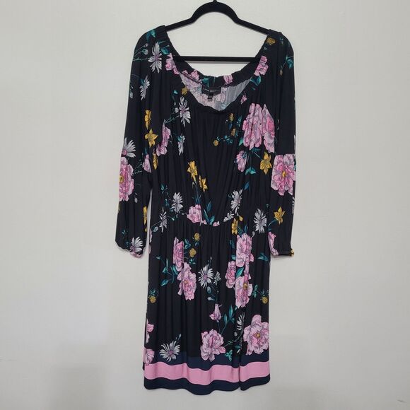 Lane Bryant Black Floral Off Shoulder Dress 18/20 Boho Long Sleeve Plus Size - Picture 1 of 4